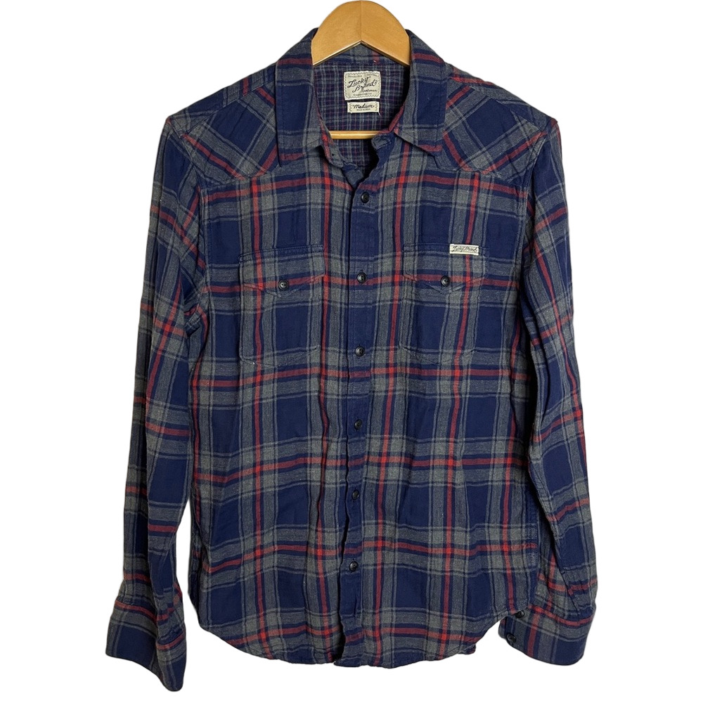 Lucky Brand Flannel Button Up Plaid Shirt Mens M Navy Red Cotton - Picture 2 of 16